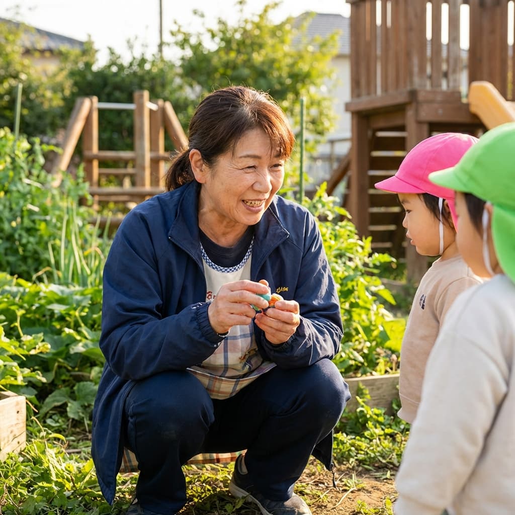 Principal squatting with children