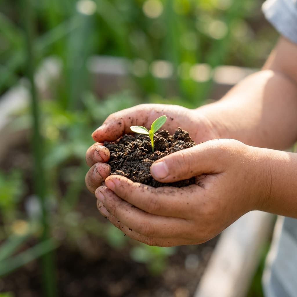 Hands holding soil with a small plant