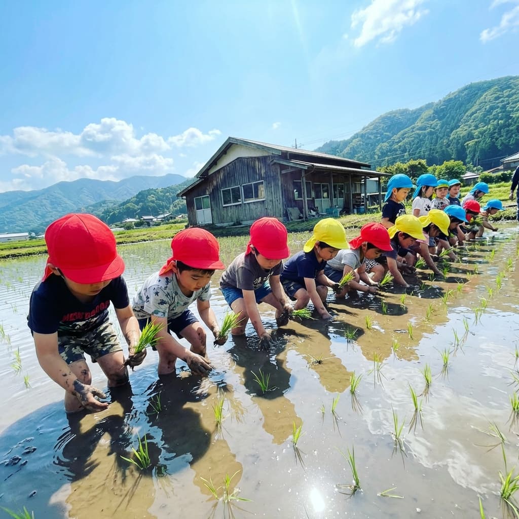 Children planting rice